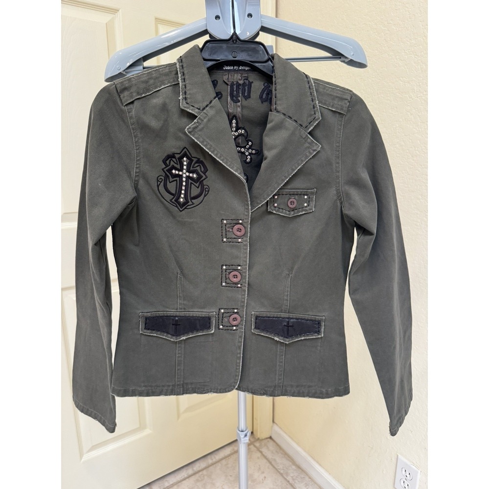 Jaded by Knight Green Military-style Blazer Jacket with Leather & Crystals  Sz M